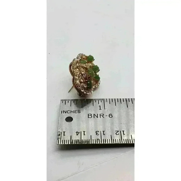 Vintage Brooch Jade 10k Gold Filled Rhinestone Accents art deco Flower Leaves - Picture 10 of 13